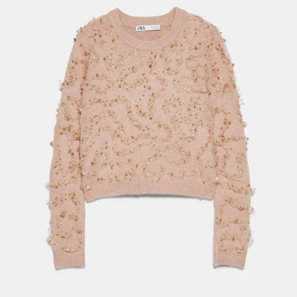 Zara Woman Sweater With Glittery Ruffle Trims Pink Ref 9598/194 NWT